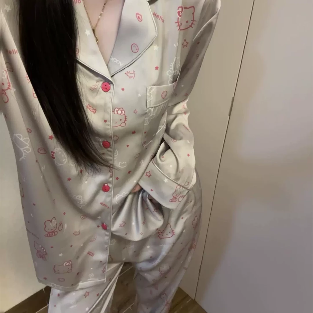卡通凯蒂猫缎面冰丝睡衣女春秋季高级气质丝滑亲肤家居服大码套装
