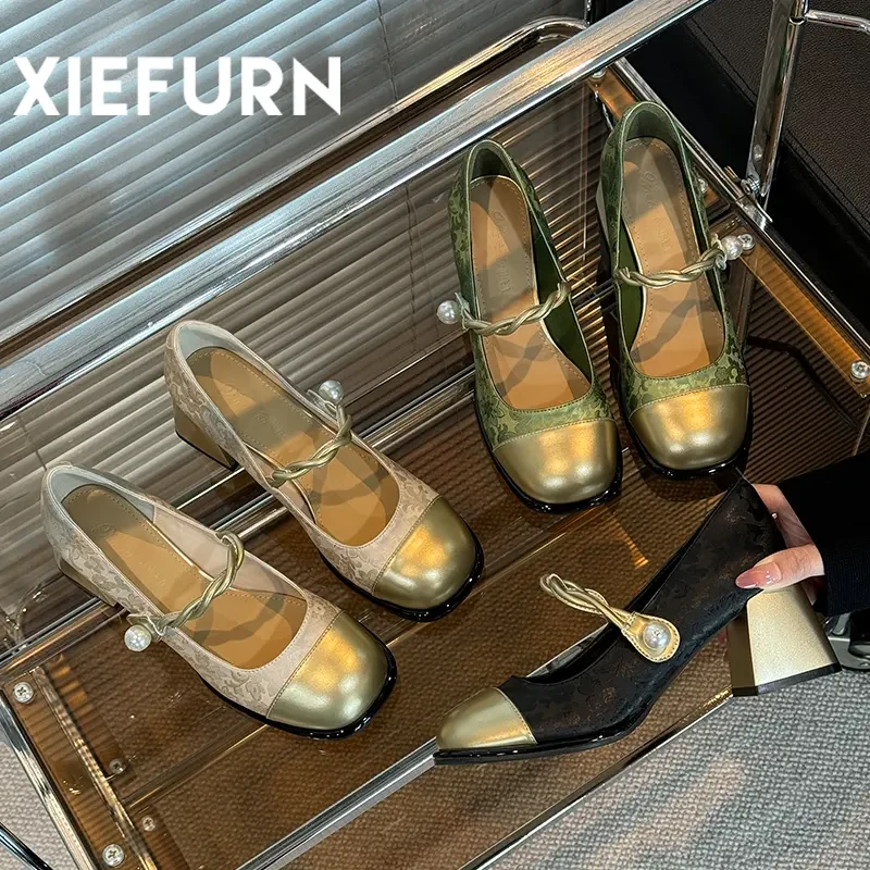 XIEFURN/鞋夫人2024春夏新中式国风包头浅口粗跟方头玛丽珍高跟鞋