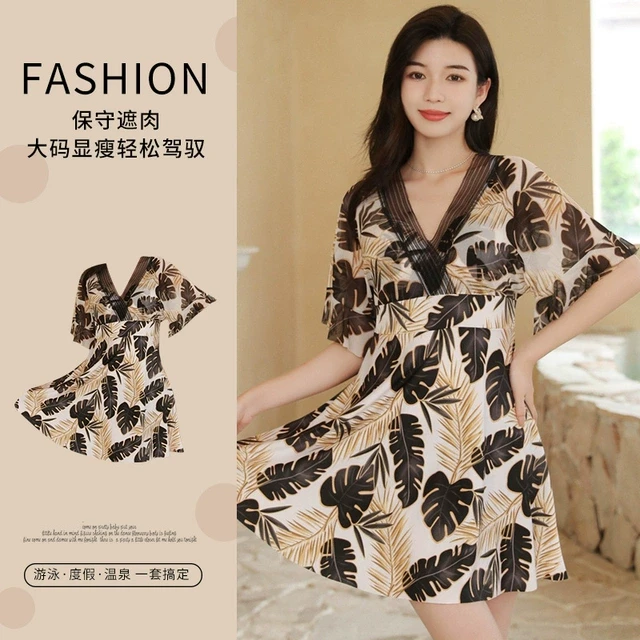 连体泳衣女大码加肥保守180斤遮肉显瘦中老年妈妈泡温泉度假泳装