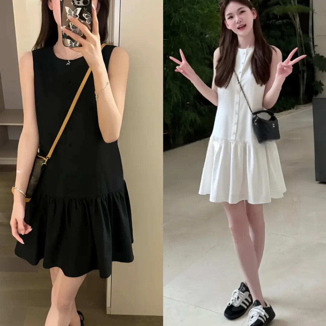 夏天巨好看的裙子女夏背心裙白色无袖连衣裙简单大方宽松法式气质