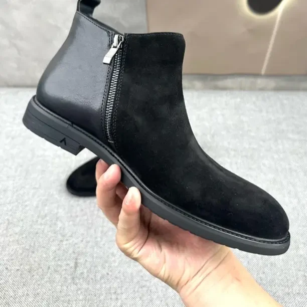 秋冬中帮英伦男士切尔西，时尚休闲翻毛拼小牛，加绒短靴圆头潮流