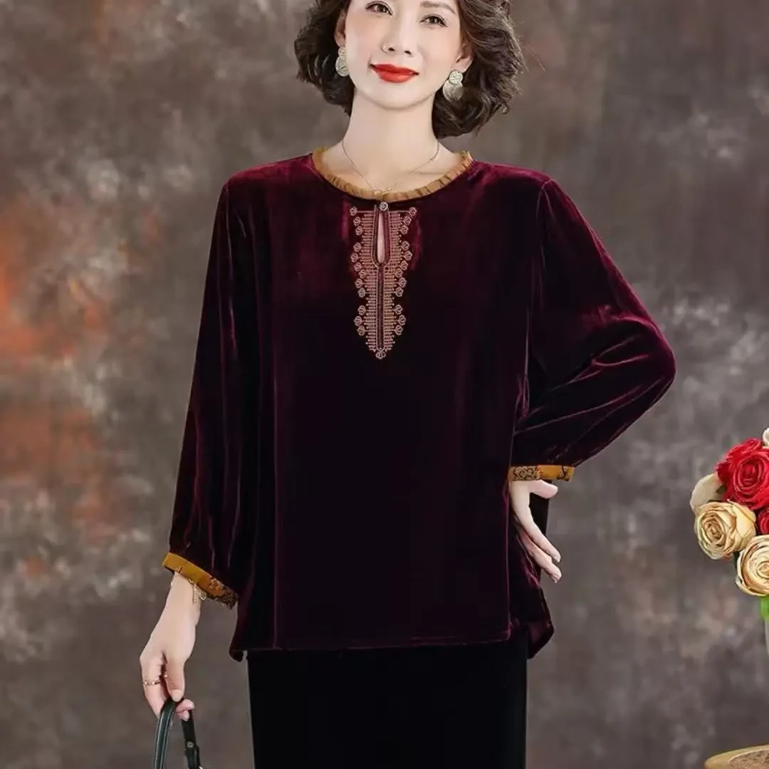 秋季长袖烫钻V领洋气百搭中老年妈妈上衣精品薄款