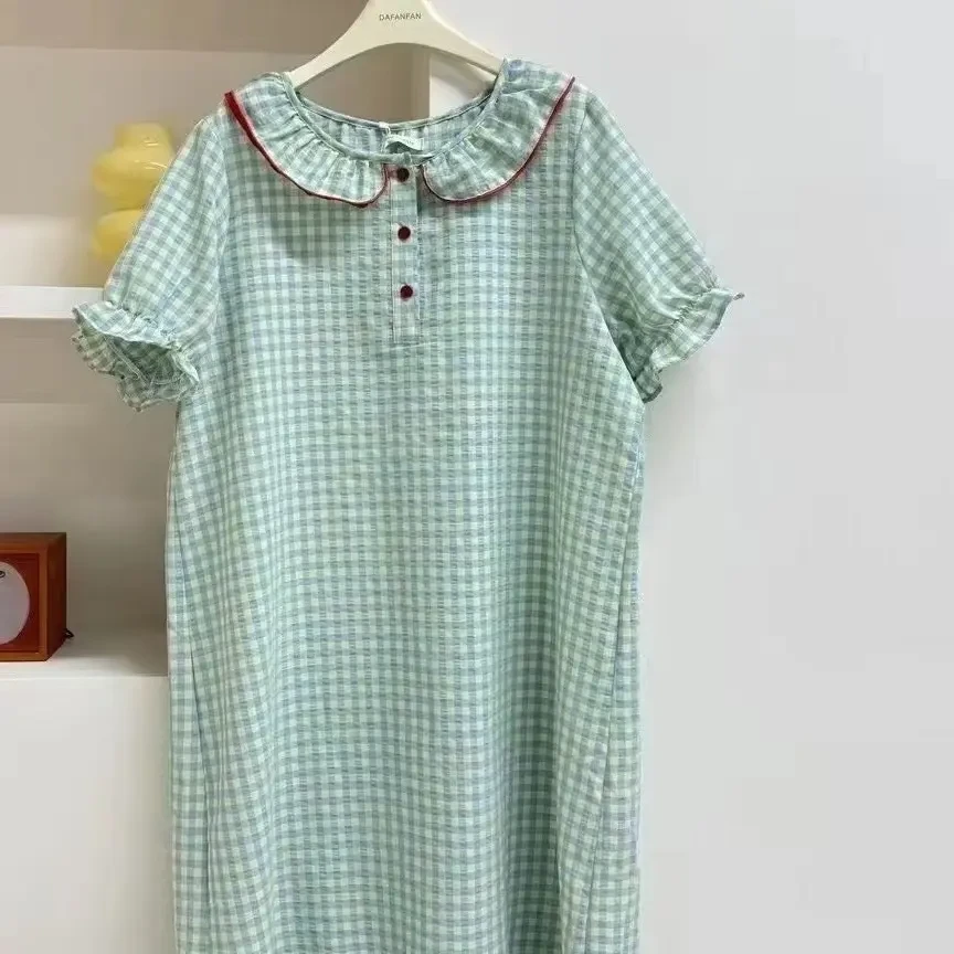 日系ins风格子短袖娃娃领薄款夏季女睡裙家居服
