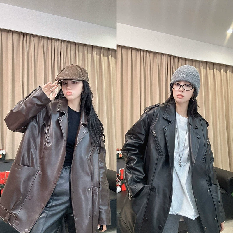 2025秋季新款真皮皮衣女加棉绵羊皮机车纽扣皮夹克设计感西服外套
