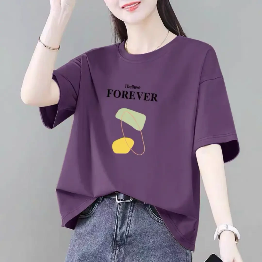 纯棉短袖t恤女宽松显瘦2025夏季新款韩版上衣休闲大码胖mm体恤衫