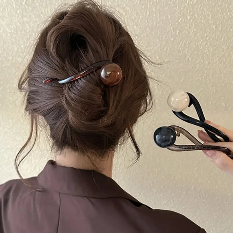简约咖色珠子一字抓夹女2025新款高级感扭扭发夹后脑勺鲨鱼夹发饰