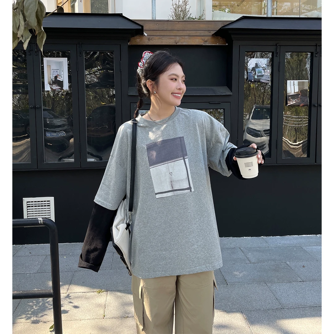 BUMENYLEE大码女装新款宽松假两件拼接撞色T恤美式复古上衣