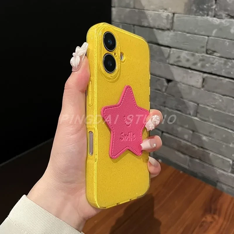 品戴 小清新闪粉果冻壳黄色玫红星星适用苹果16手机壳iPhone16pro
