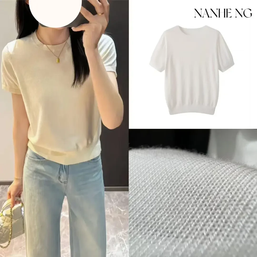 5502老钱风刺绣针织上衣正肩圆领短袖T恤女纯色