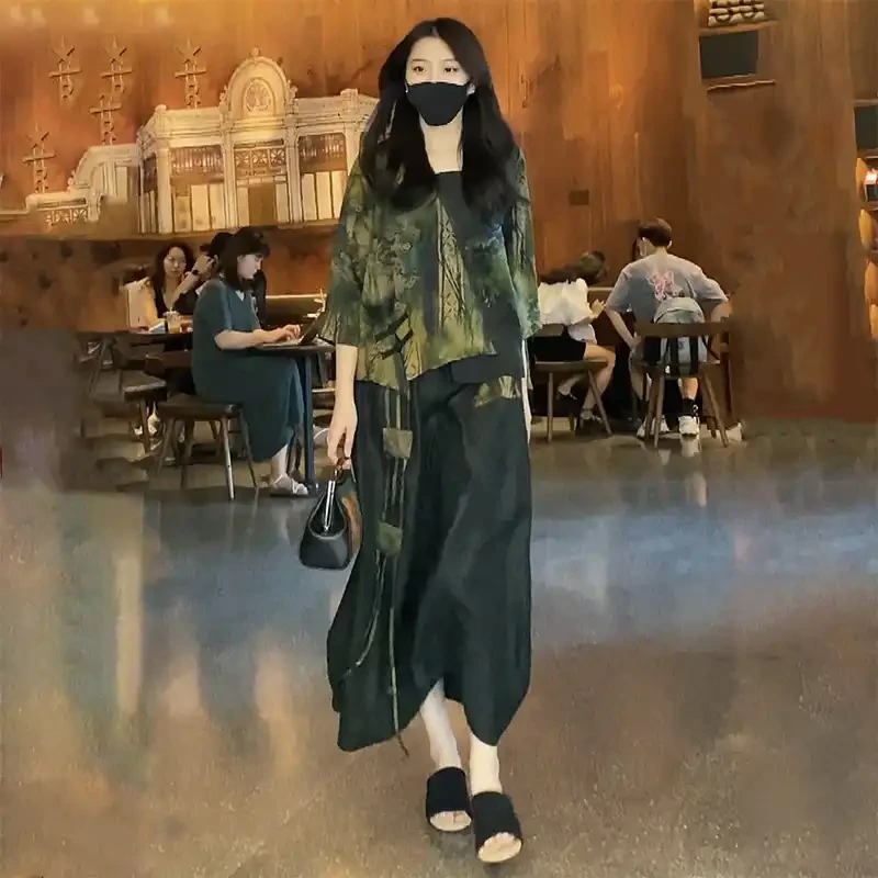 真丝香云纱连衣裙2025新款水墨印花宽松桑蚕丝上衣半身裙两件套装