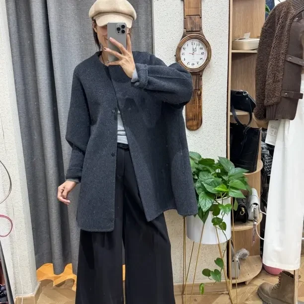 桑蚕丝混纺宽松H型小圆领冬季大衣外套