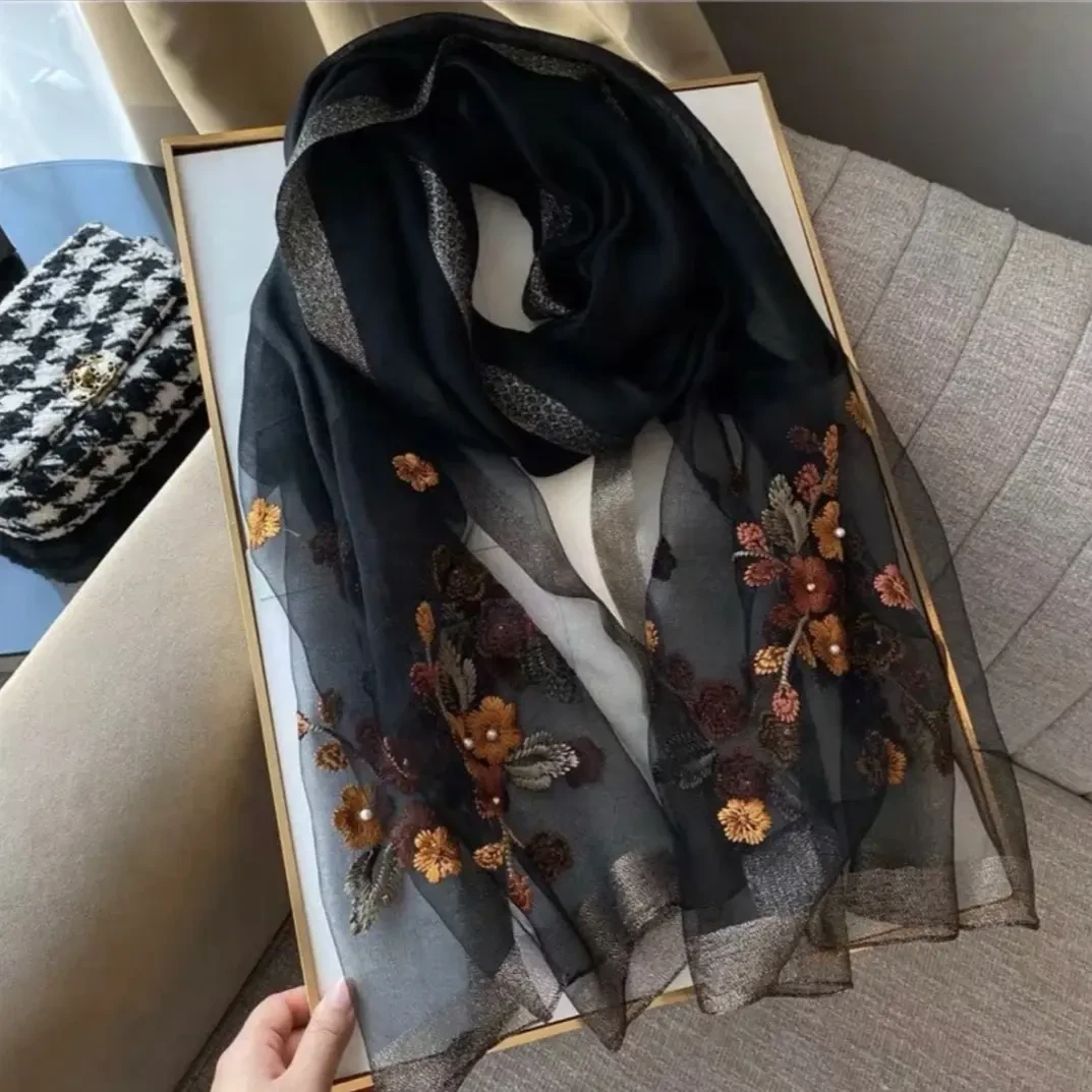 黑色海棠花 175*75微瑕秋冬款刺绣款桑蚕丝羊毛丝巾披肩