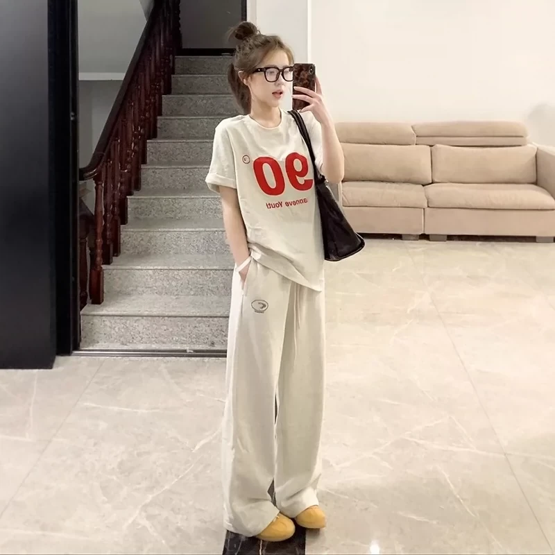 休闲运动套装女夏季新款慵懒宽松棉短袖长裤韩系少女减龄两件套