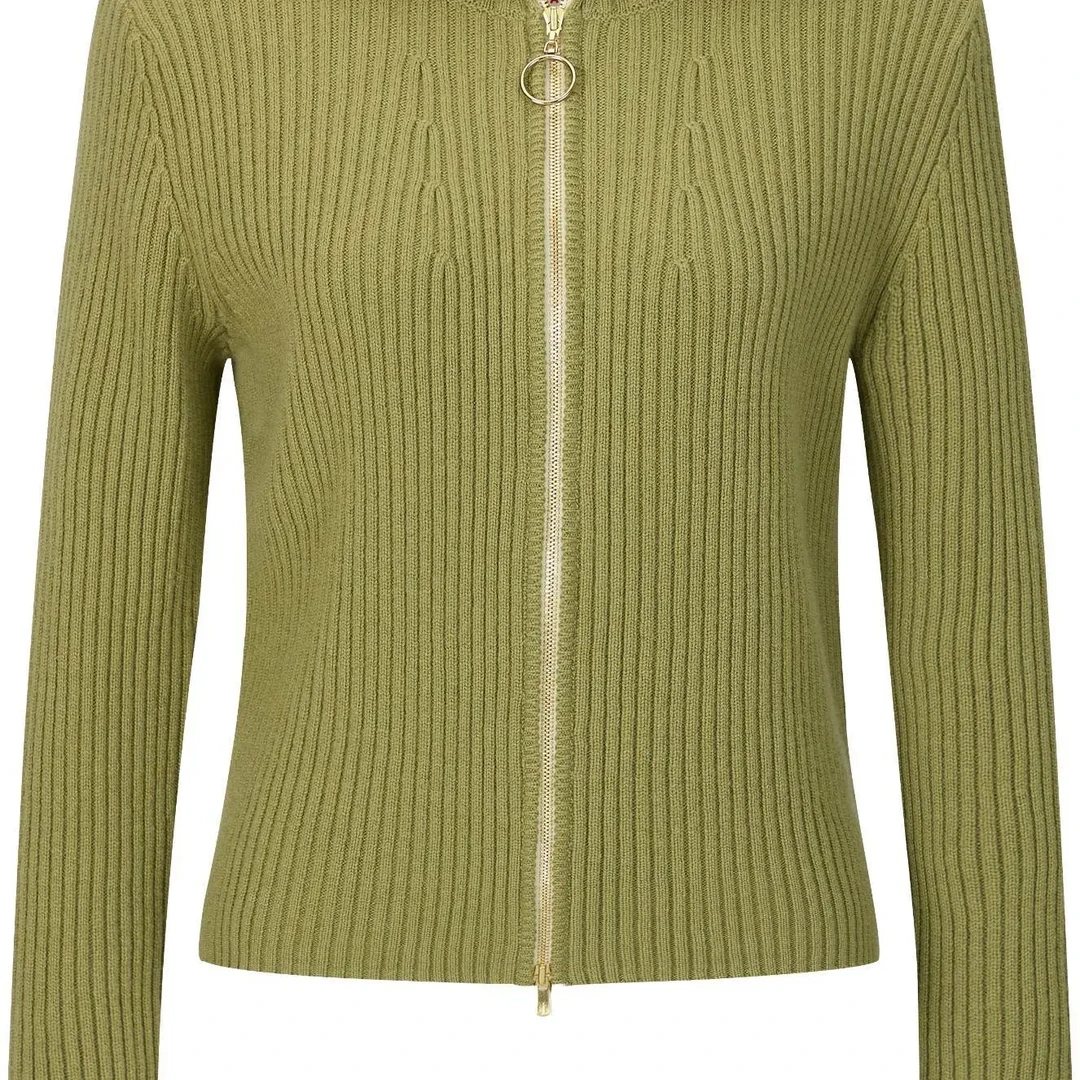 简约双拉链高领翻领坑条针织开衫时尚百搭休闲女装女款长袖