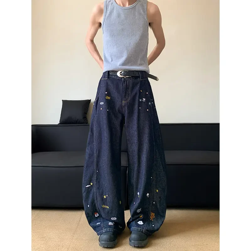 美式复古国潮水洗刺绣弯刀牛仔裤男女街头设计感重工宽松拖地裤子