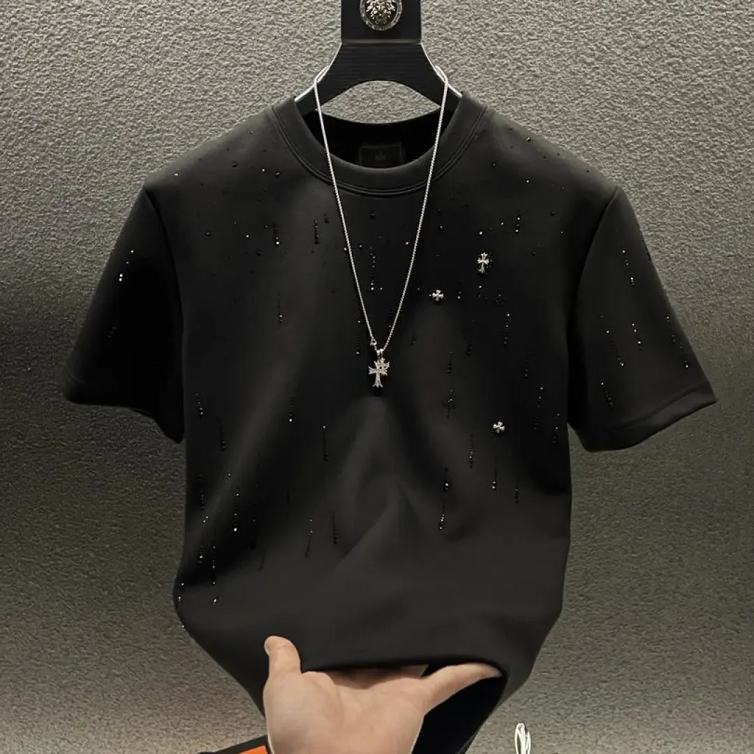 2025夏季新款男款上衣轻奢爆款高定流星满钻重工半袖圆领时尚百搭
