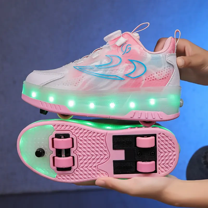 阿童木儿童暴走鞋网面透气女童四轮隐形可收缩男童滑轮鞋儿童灯鞋