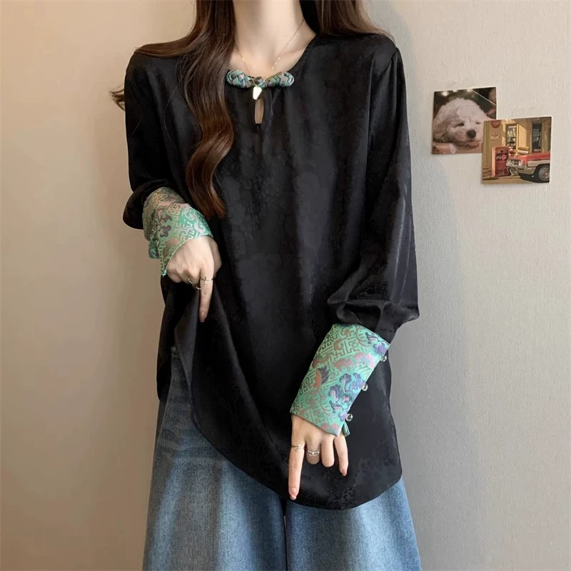 【新年穿搭】微胖妹妹大码盘扣缎面衬衫女春秋新中式国风打底衫上衣