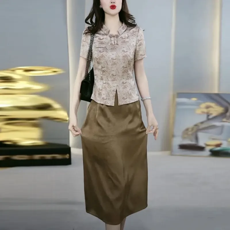 提花缎洋气优雅轻奢女装2025夏季新款短袖时尚复古假两件连衣裙子
