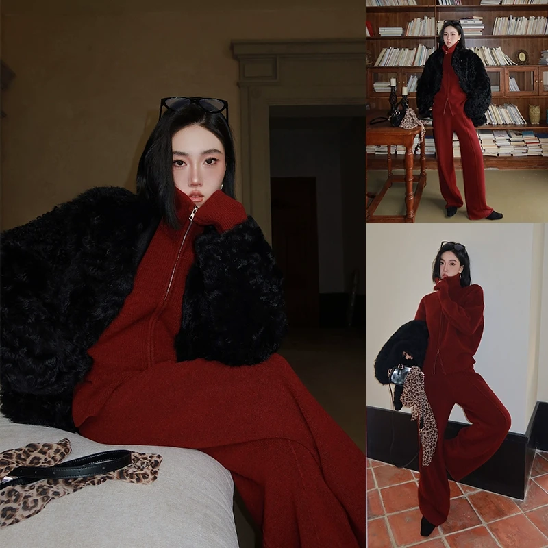 十三粥私服 糯糯慵懒调 气质多色高领拉链毛衣直筒裤套装秋冬