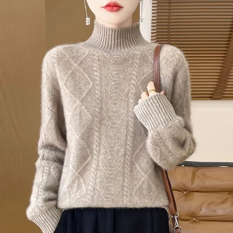 羊绒衫女100%纯羊绒半高领宽松加厚保暖打底衫纯色羊毛衫秋冬毛衣