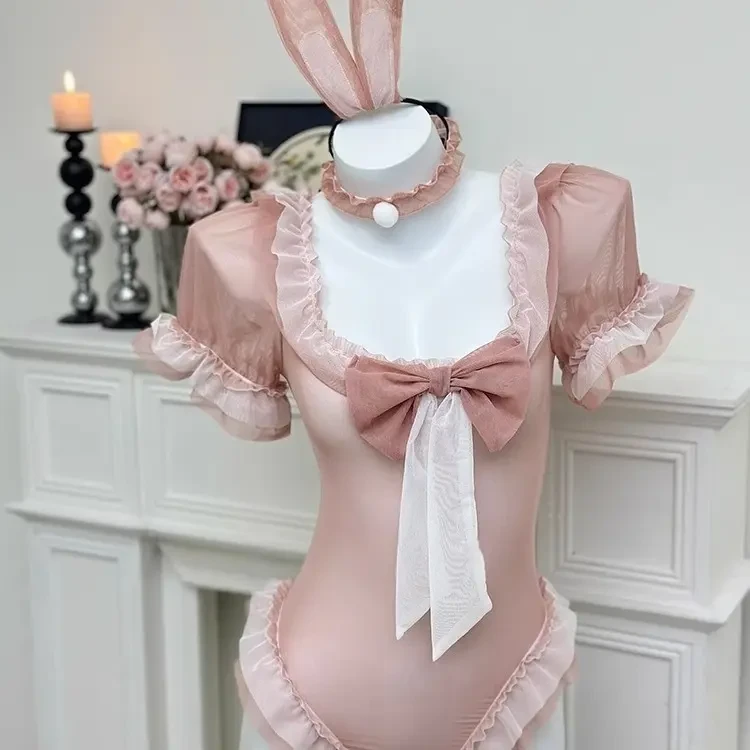 【纯情小兔*网纱蝴蝶结】纯欲睡裙套装性感蕾丝花边修身家居服套装