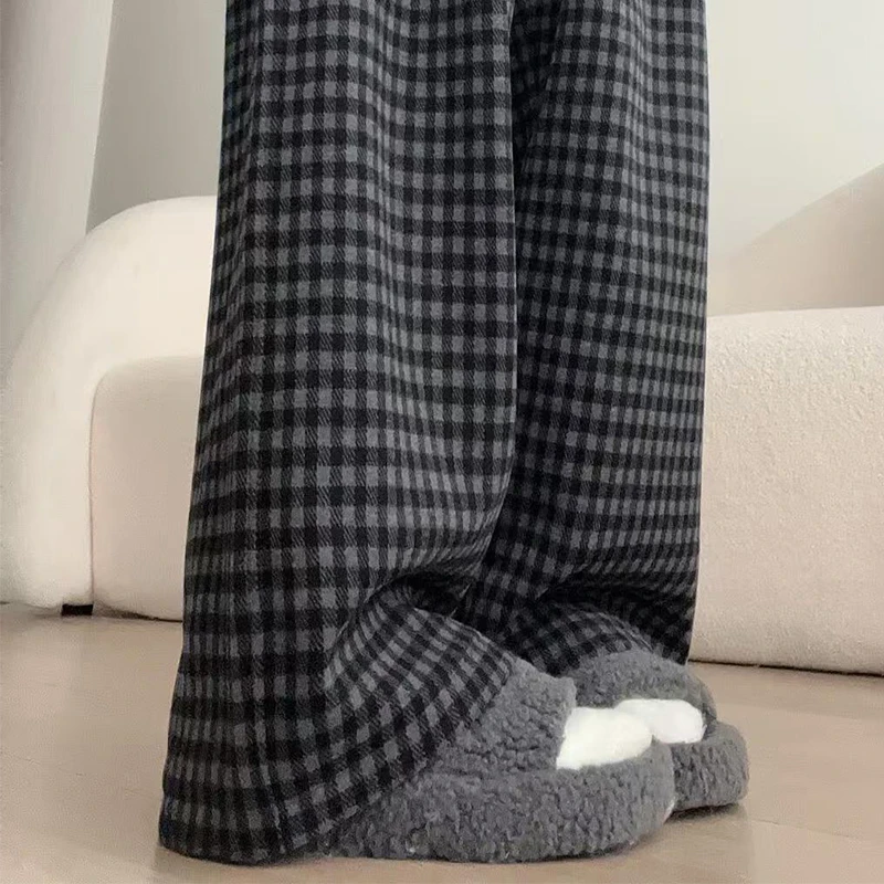 黑色复古格子裤女秋冬加绒2025新款慵懒拖地裤休闲直筒宽松阔腿裤