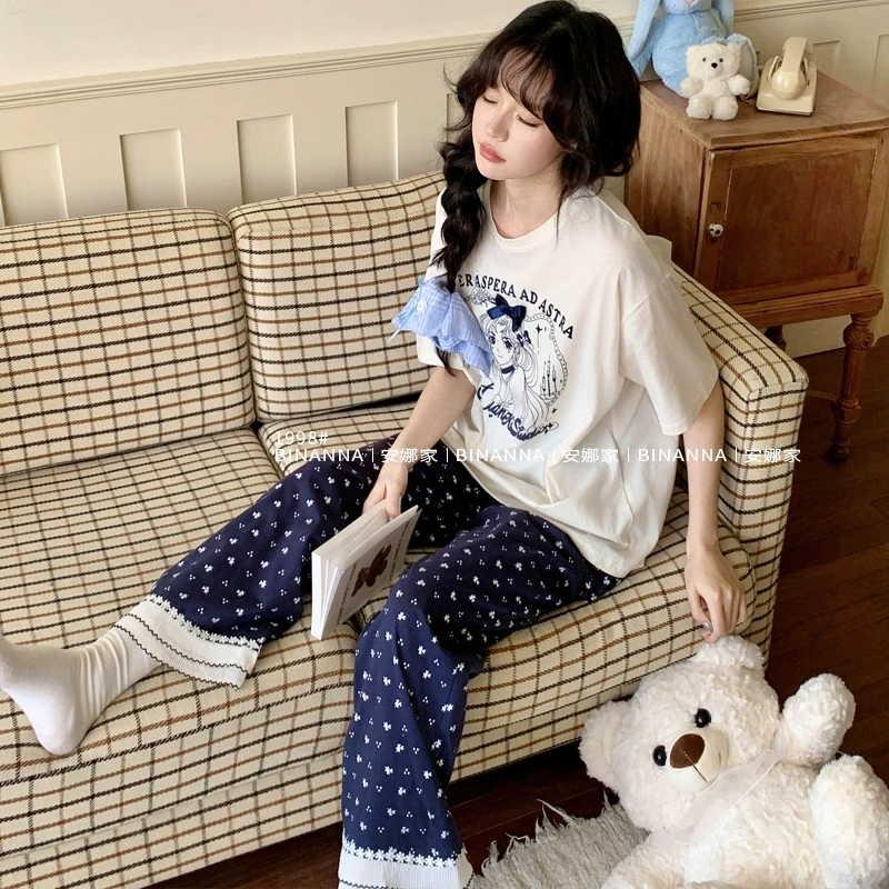 睡衣女款2025新款夏季短袖蝴蝶结女孩针织薄款长裤套装家居服夏款