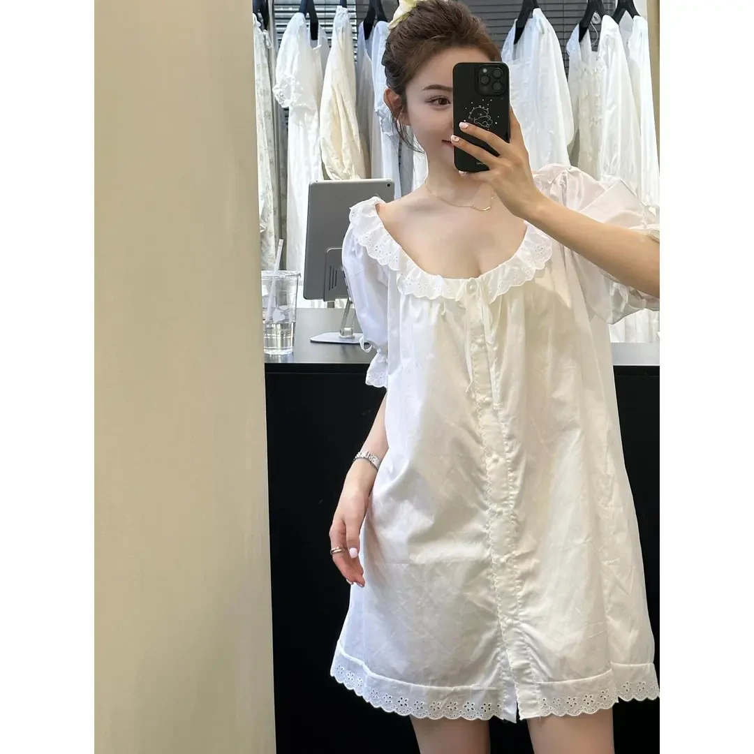 【蕾丝花边】纯欲感少女短袖睡衣睡裙女夏季新款家居服镂空连衣裙