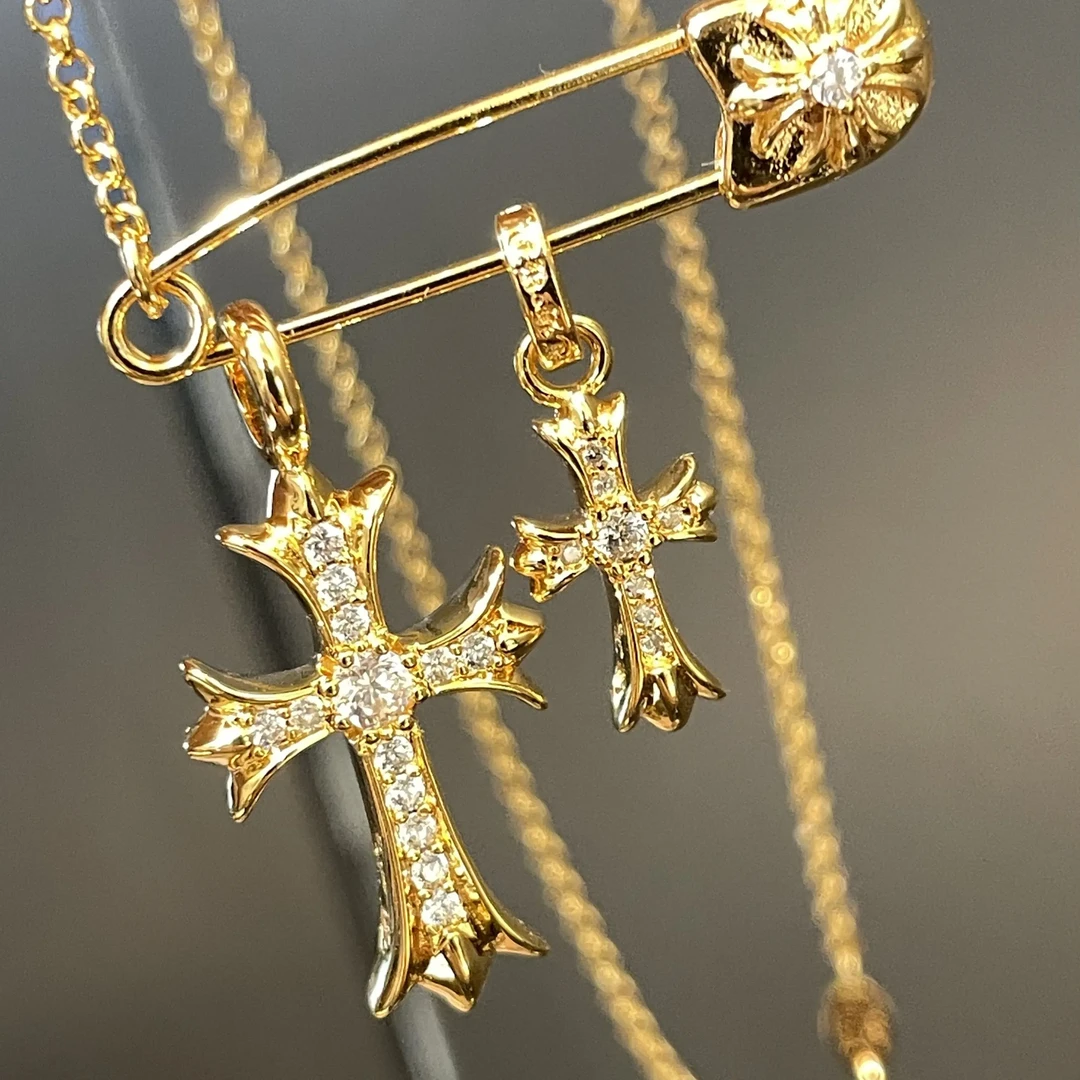 别针双十字架18k金天然钻石镶嵌时尚个性项链