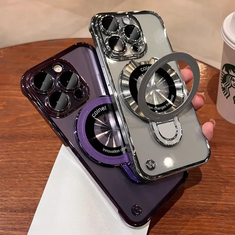 适用苹果16promax电镀无边框手机壳iphone15磁吸支架超薄硬壳13