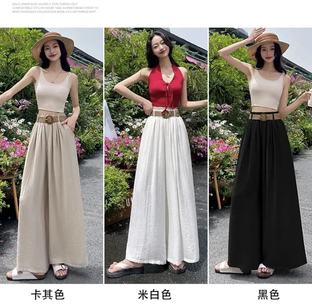 【送腰带】轻薄透气~棉麻复古风显瘦高腰阔腿裙裤！5818