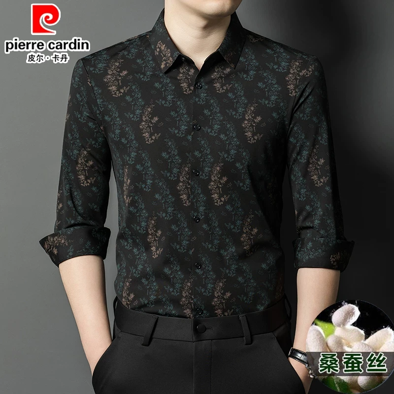 皮尔卡丹2025新款桑蚕丝长袖衬衫男士春秋时尚印花休闲免烫衬衣潮