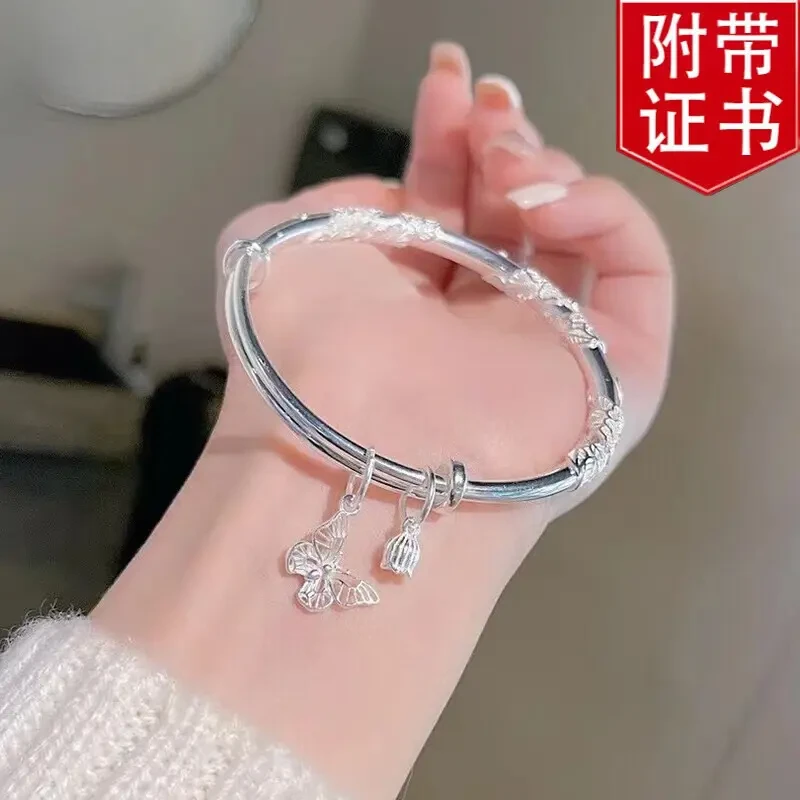 足银手镯 正品9999纯银繁花似锦手镯莲蓬铃铛蝴蝶实心传承送女友