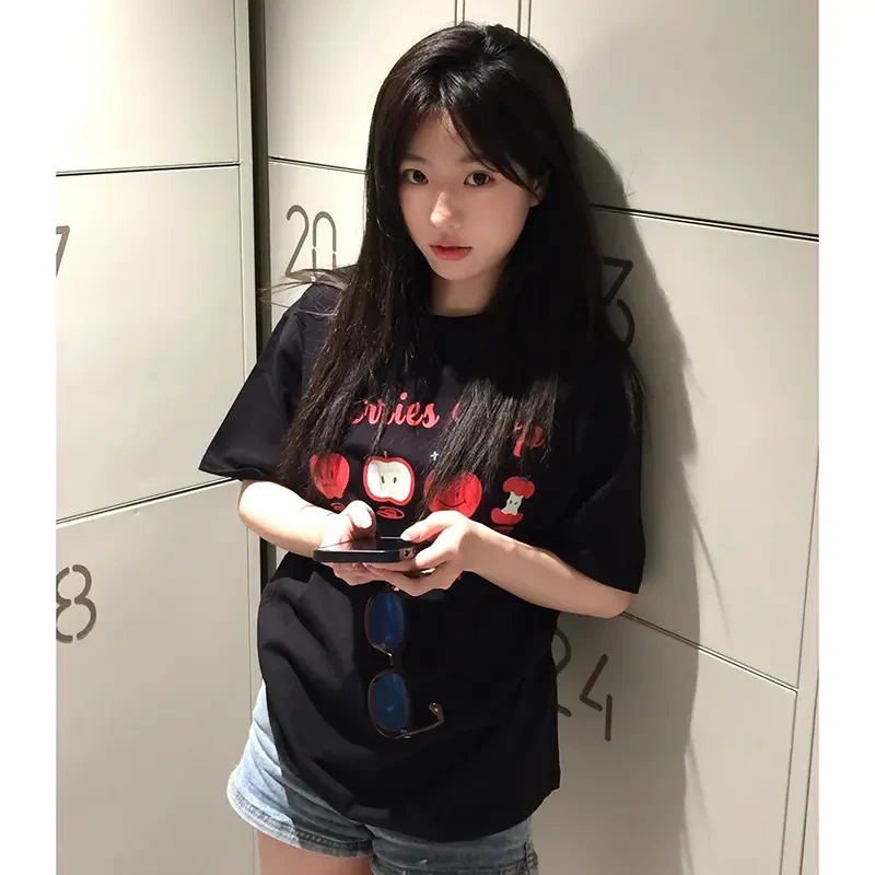 美式复古黑色短袖t恤女夏季苹果印花纯棉半袖宽松半袖小众ins上衣