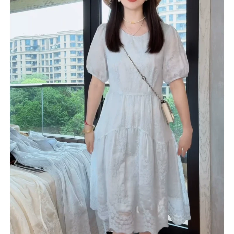 6076法式温柔风短袖连衣裙女夏季新款时尚气质收腰显瘦中长款裙子