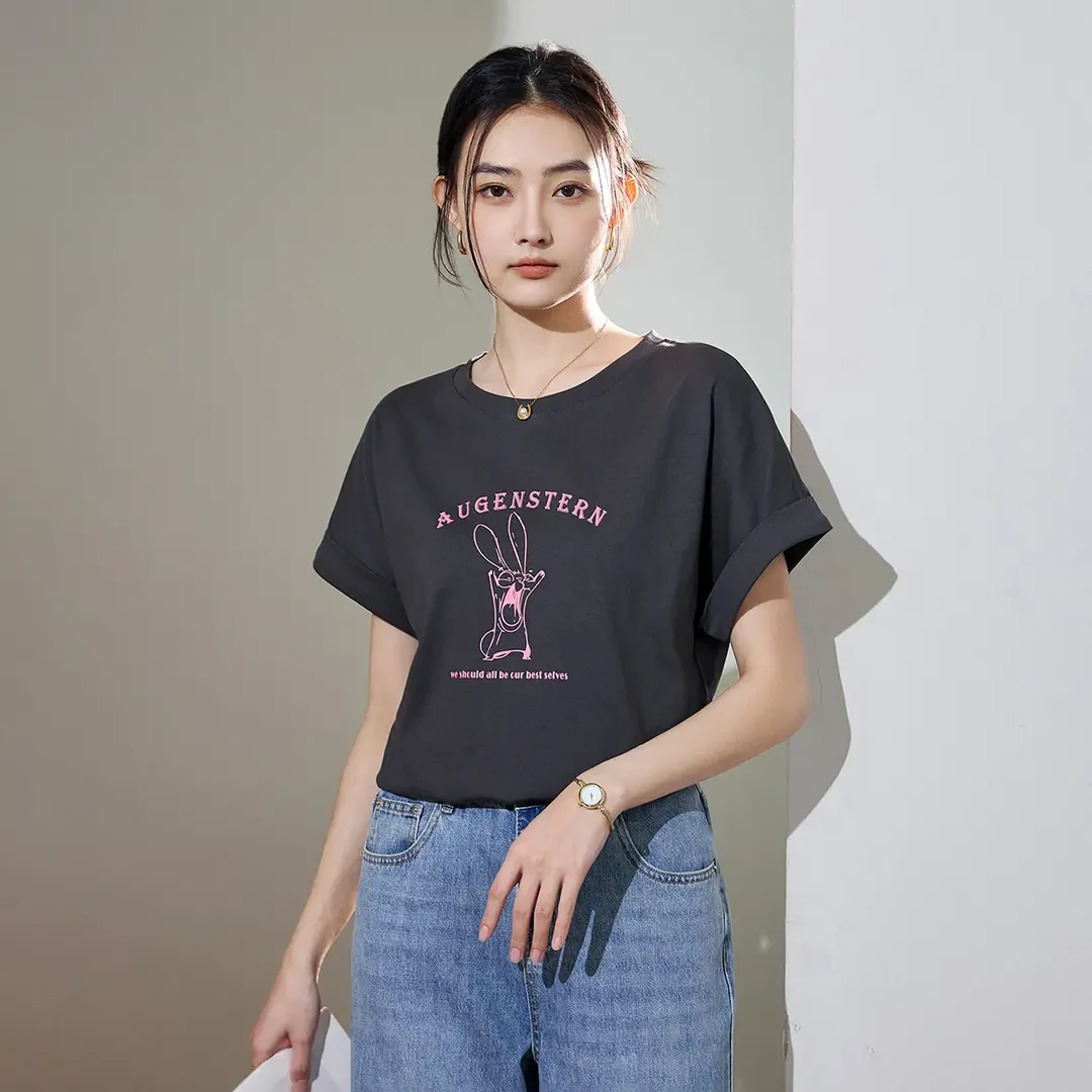 【专柜品质】2025夏季印花t恤女简约宽松百搭时尚韩版圆领短袖上衣