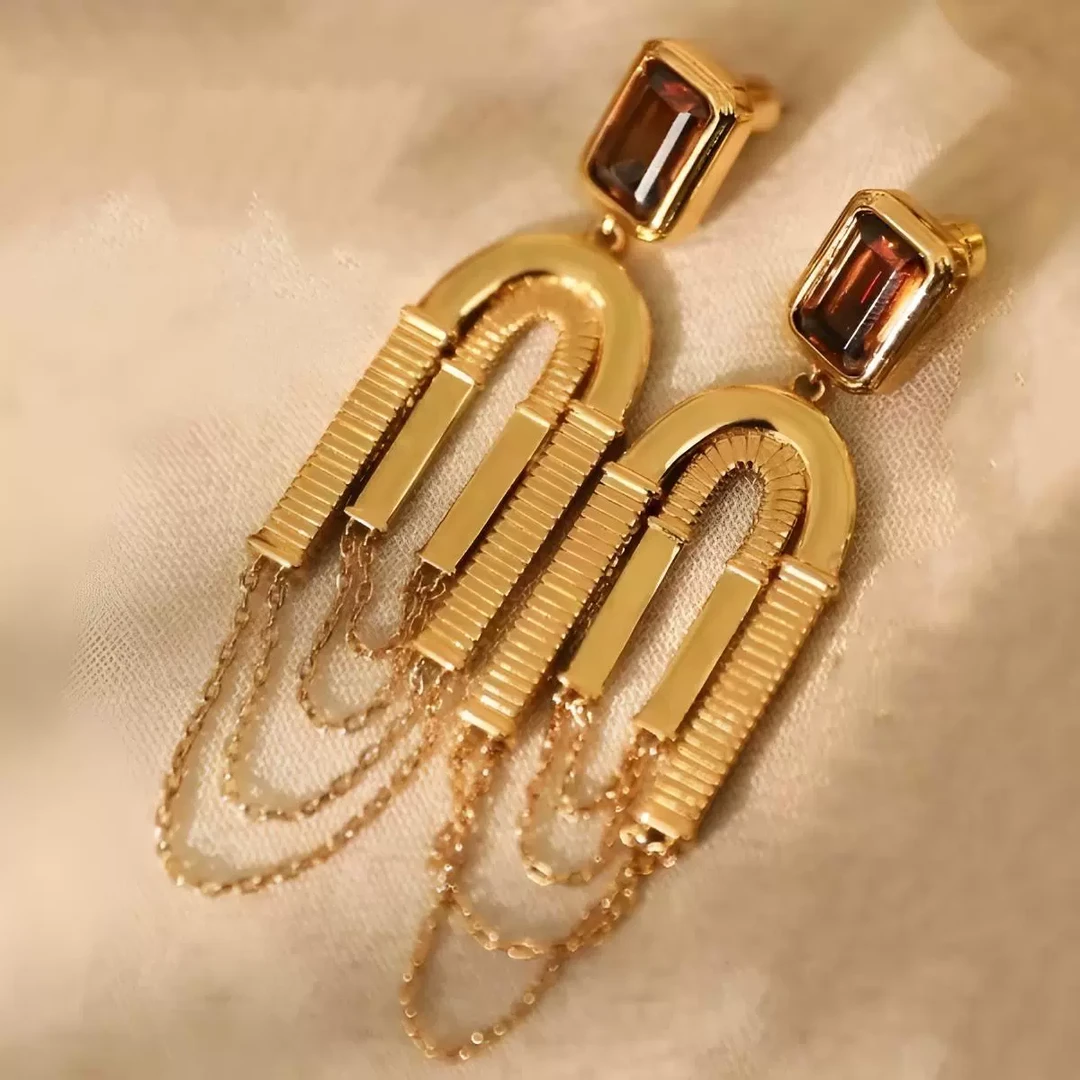 铜合金耳饰 法式复古夸张宙斯神庙流苏耳钉气质精致华丽耳饰长款