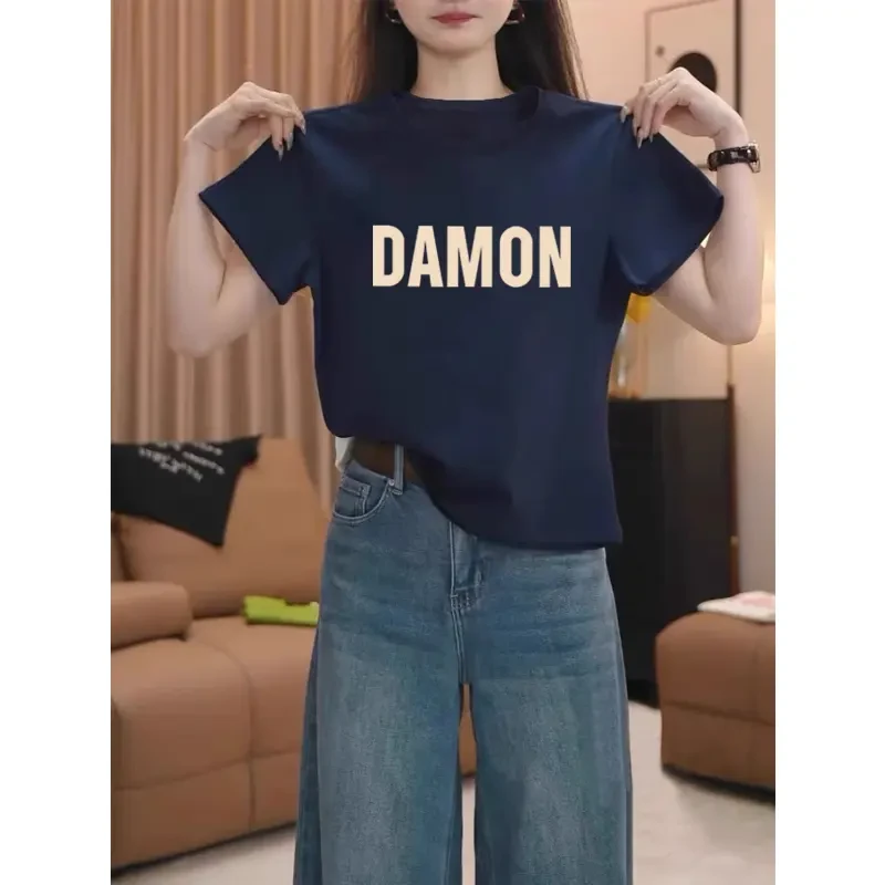 时尚百搭正肩圆领短袖t恤女装设计感减龄洋气藏青色显白上衣夏季