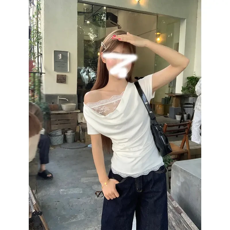 纯欲蕾丝拼接荡领假两件设计感短款短袖T恤露肩辣妹修身夏季女