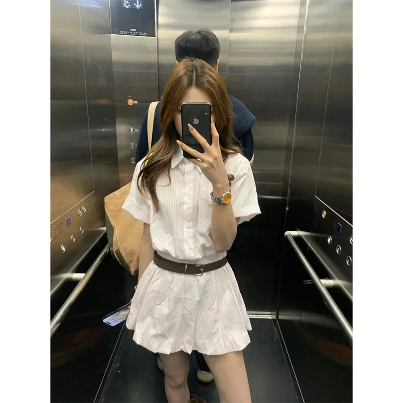 2025夏季新款韩系条纹衬衫连衣裙女小个子泡泡袖收腰显瘦短裙子