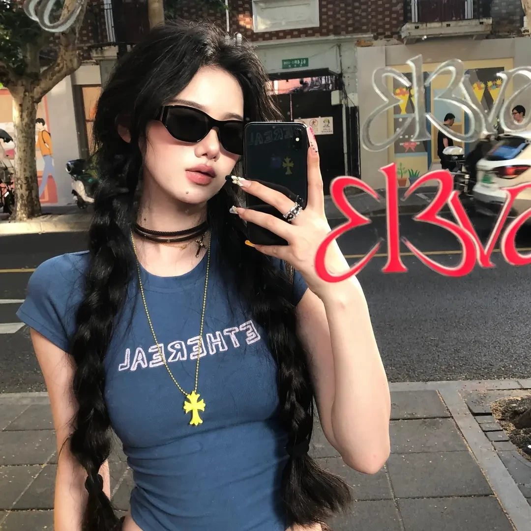 美式辣妹短袖印花T恤显瘦上衣洋气炸街女装复古直筒阔腿工装裤