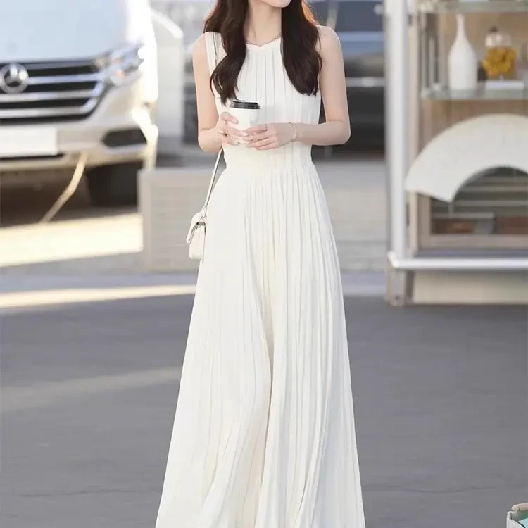 哥弟阿玛施正2025新款白色无袖连衣裙女夏季高端精致收腰气质裙子