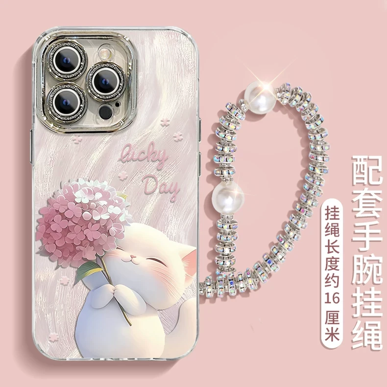 适用苹果16手机壳新款15plus绣球猫咪iphone14promax全包高级硅胶