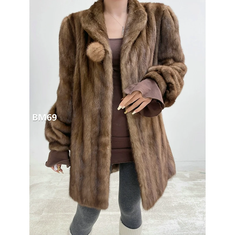 【BM69】M码 冷茶棕中长款全抽貂皮大衣（肩40胸106衣85袖60）