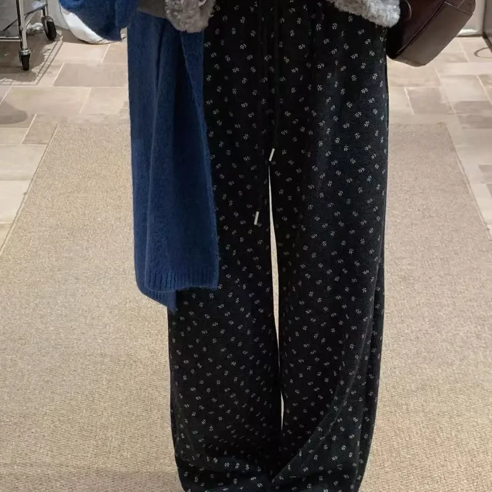 深灰色碎花加绒加厚松紧腰休闲显瘦百搭秋冬款阔腿裤