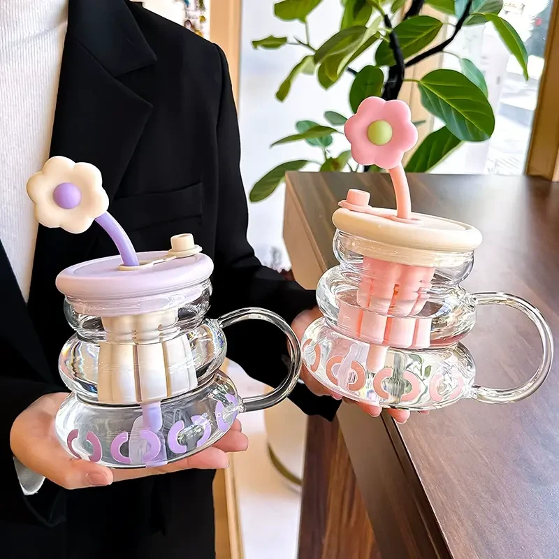 高硼硅玻璃水杯女高颜值家用耐高温带把手吸管杯牛奶花茶胖胖杯子