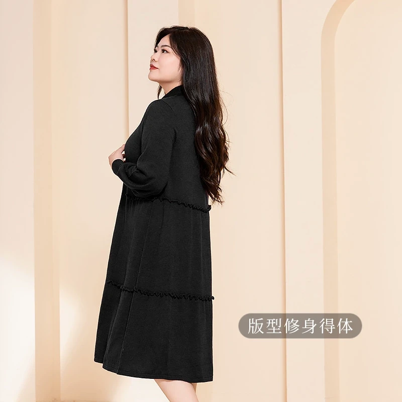 美丽客栈紫葡萄连衣裙秋木耳边翻领大码女装宽松显瘦扬子纱中长裙