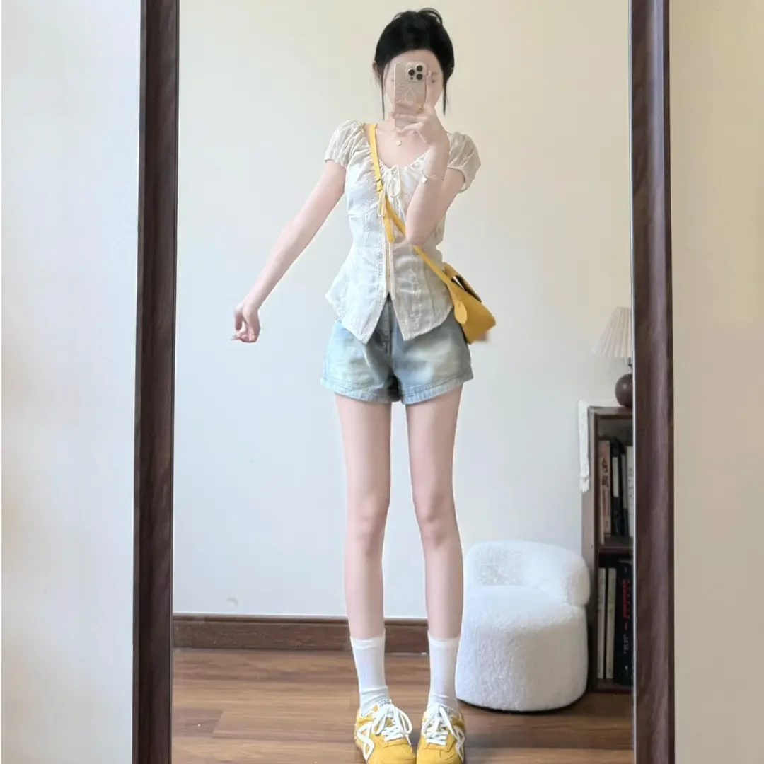 甜美可爱风格衣服浪漫法式蕾丝泡泡袖衬衫女夏季高腰显瘦牛仔短裤