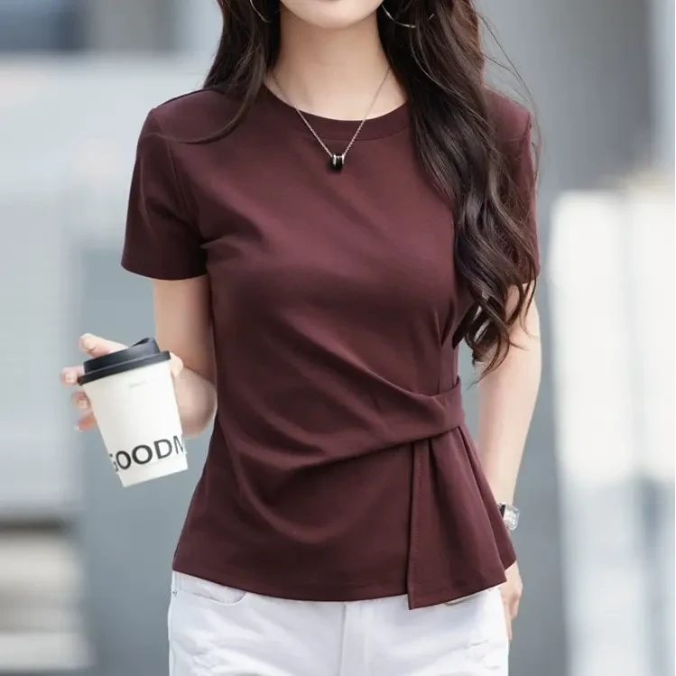 洋气短袖T恤女2025夏季新款不规则遮肚子微胖显瘦设计感小众上衣